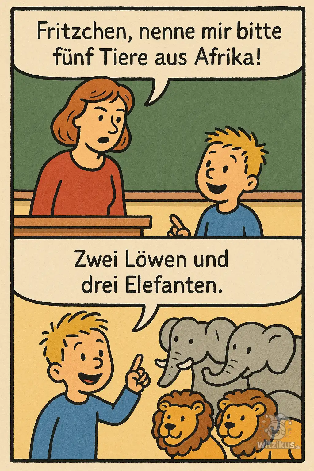 212810-lehrerin-fritzchen-nenne-fuenf-tiere-afrika-zwei-loewen-drei-elefanten