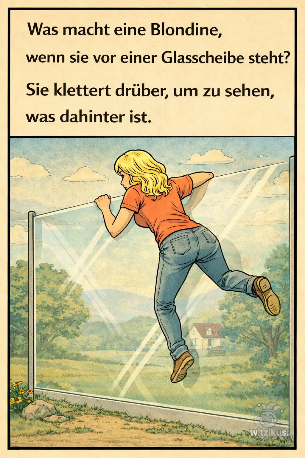 335699-was-macht-blondine-glasscheibe-steht-klettert-drueber-um-sehen-was-dahinter