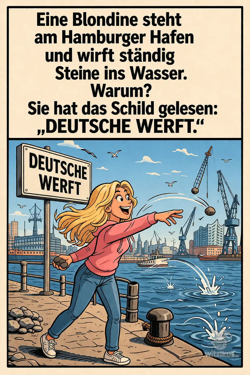 486876-blondine-hamburg-hafen-schmeisst-steine-wasser-schild-gelesen-deutsche-werft