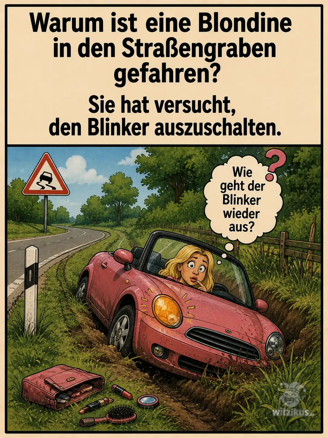 662705-warum-ist-eine-blondine-in-den-strassengraben-gefahren-blinker-auszuschalten