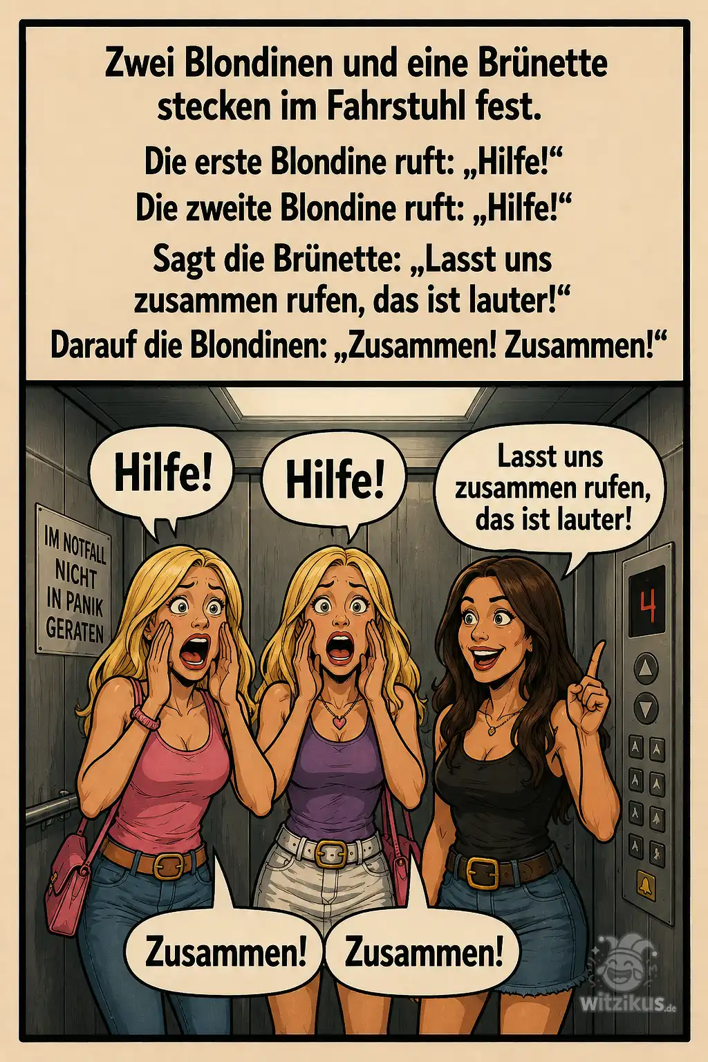 769780-zwei-blondinen-bruenette-stecken-fahrstuhl-fest-erste-ruft-hilfe-zusammen
