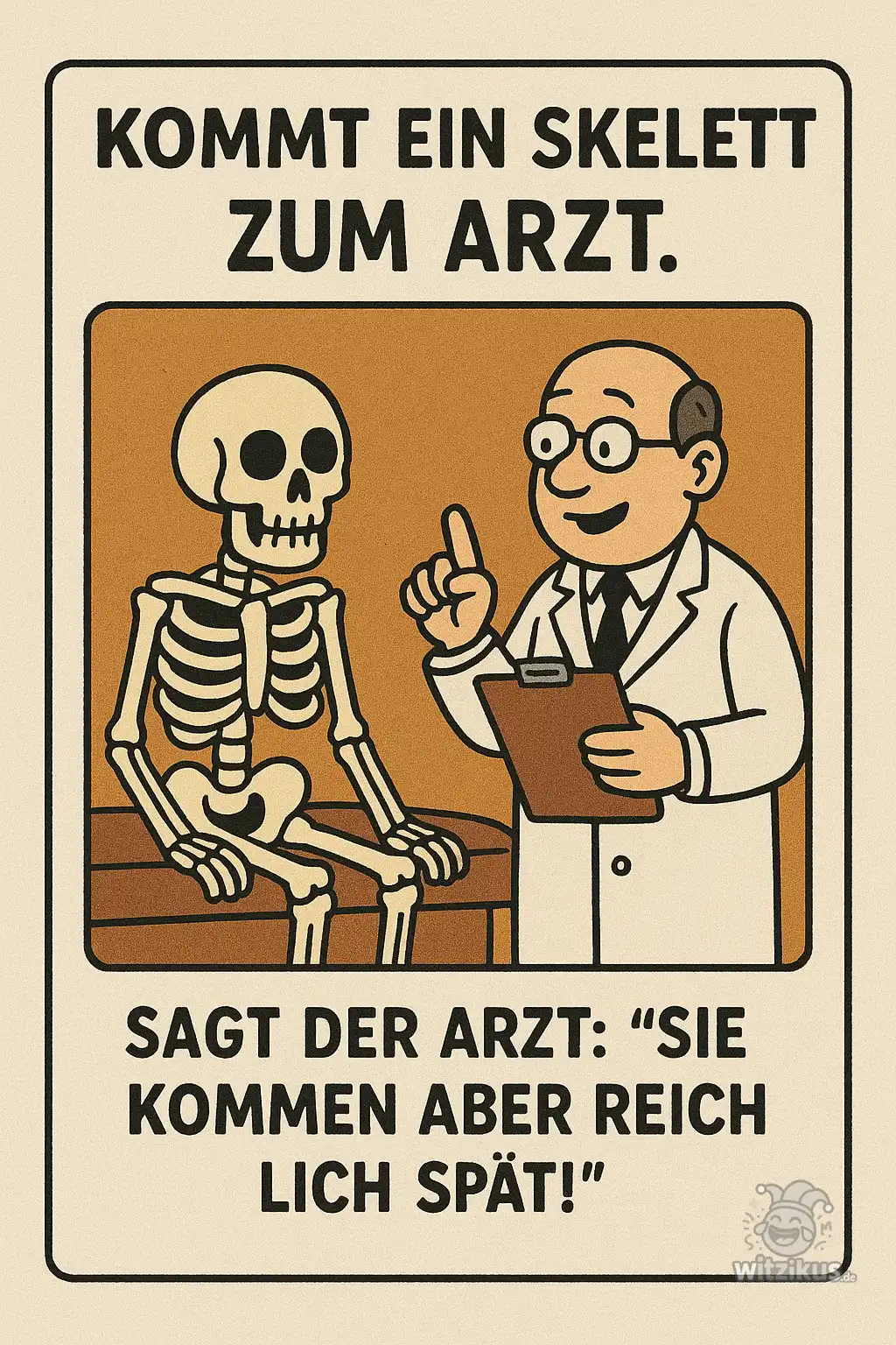Kommt ein Skelett zum Arzt. Sagt der Arzt: ‚Sie kommen aber reichlich spät!‘